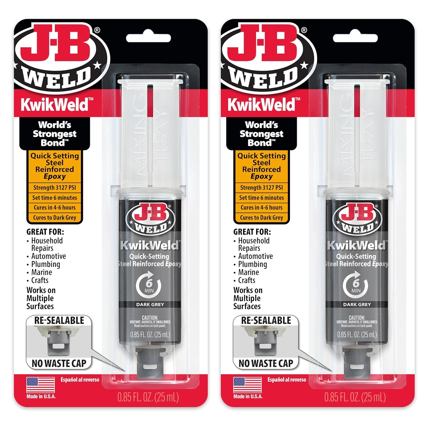J-B Weld 6 Minute Set Epoxy Kwikweld, High Strength, Waterproof, 2 Pack, Dark Grey, 50176-2