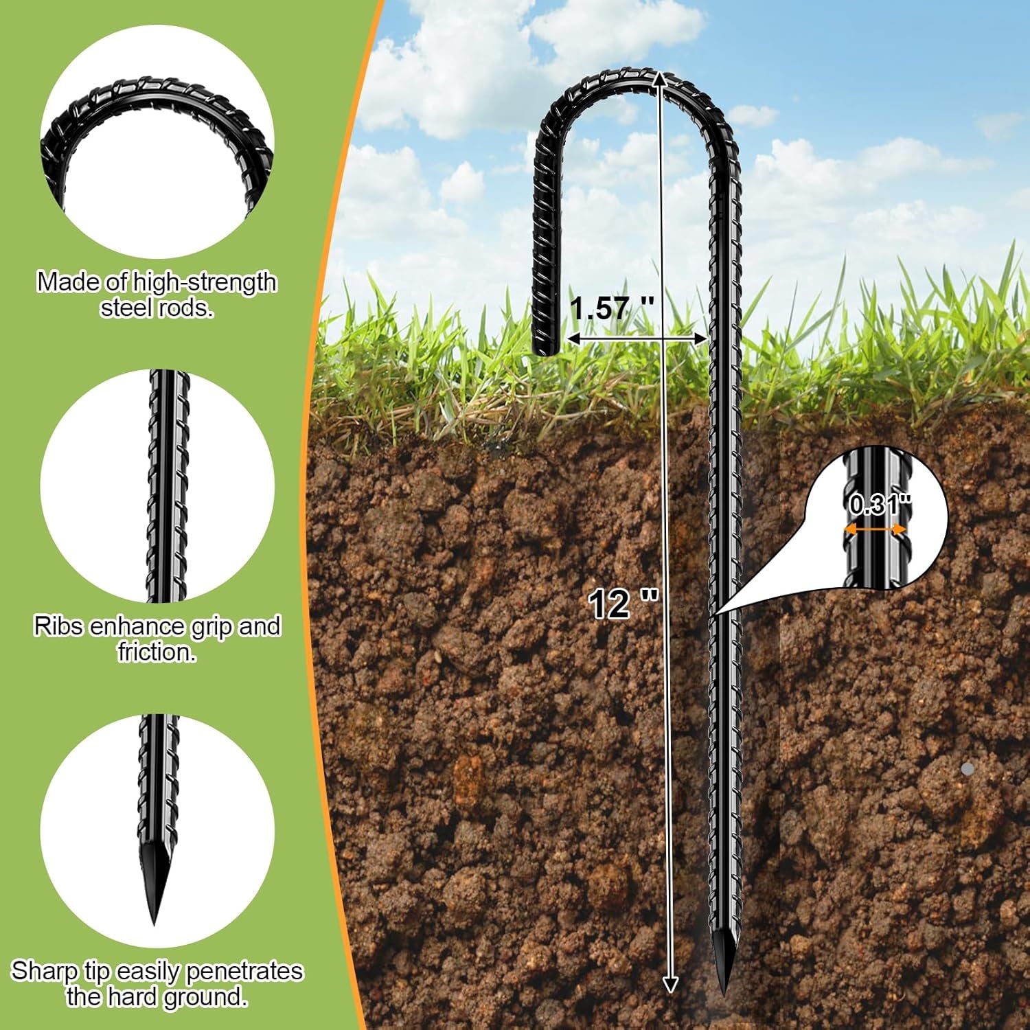 Rebar Stakes 12 Inch, Rebar Stakes Heavy Duty 16 Pack Ground Anchors J Hook with Chisel Point End Galvanized Steel Anchors for Fence Landscape Trampoline Chain Link Garden Camping Tent Plants
