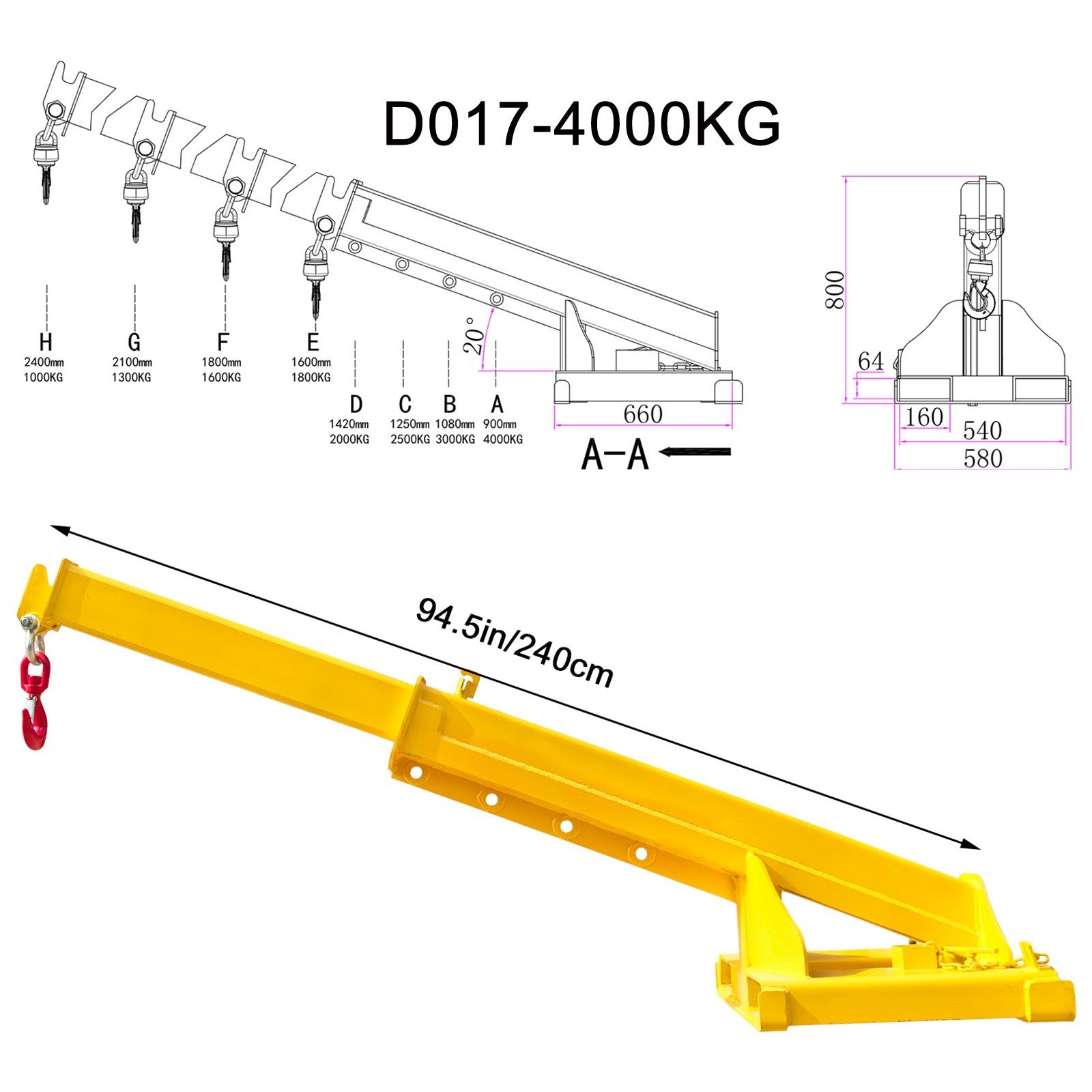 4T Adjustable Hoist Forklift Jib Boom Crane 8800Lbs Mobile Forklift Crane Equip