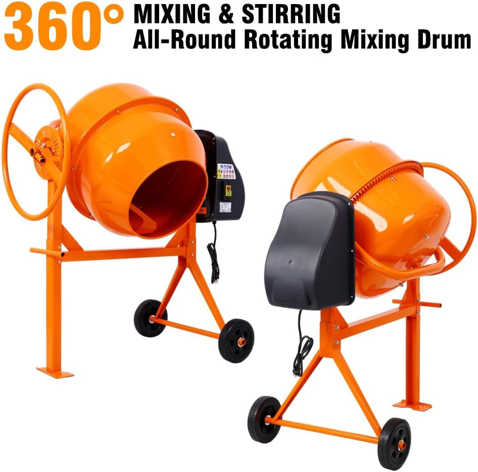 5 Cu. Ft Cement Mixer, Electric Concrete Mixer, 650W 1/3 HP Heavy Duty Concrete Mud Mixer Tools, Portable Concrete Cement Mixer with Wheels and Stand for Mortar, Stucco and Fodder