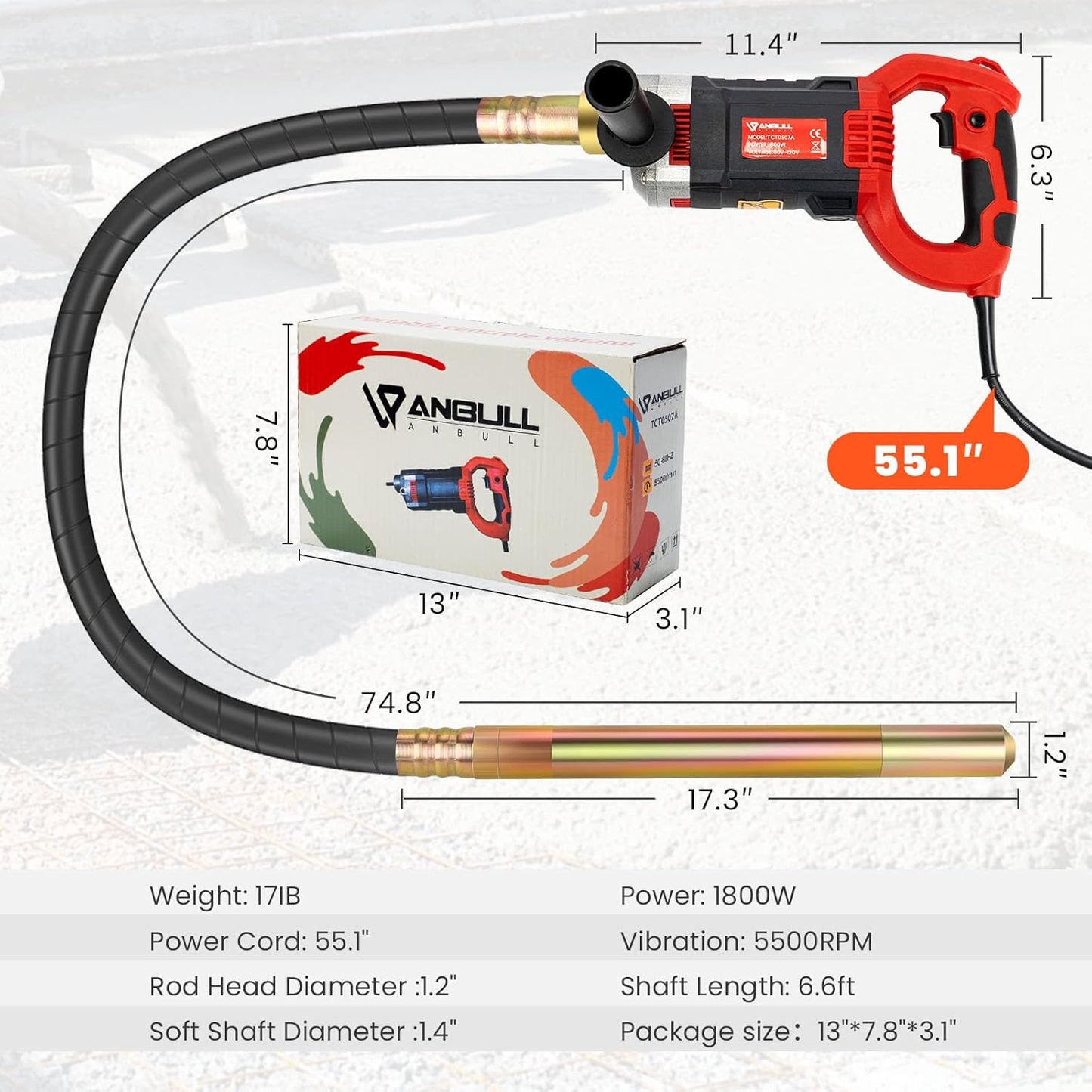 Anbull 1800W Concrete Vibrator 110V, 2M Handheld Electric Vibrabrater 5500RPM, 35Mm Bottle Shaker, Portable Pencil Cement Vibrarator for Remove Air Bubble and Mix Concrete