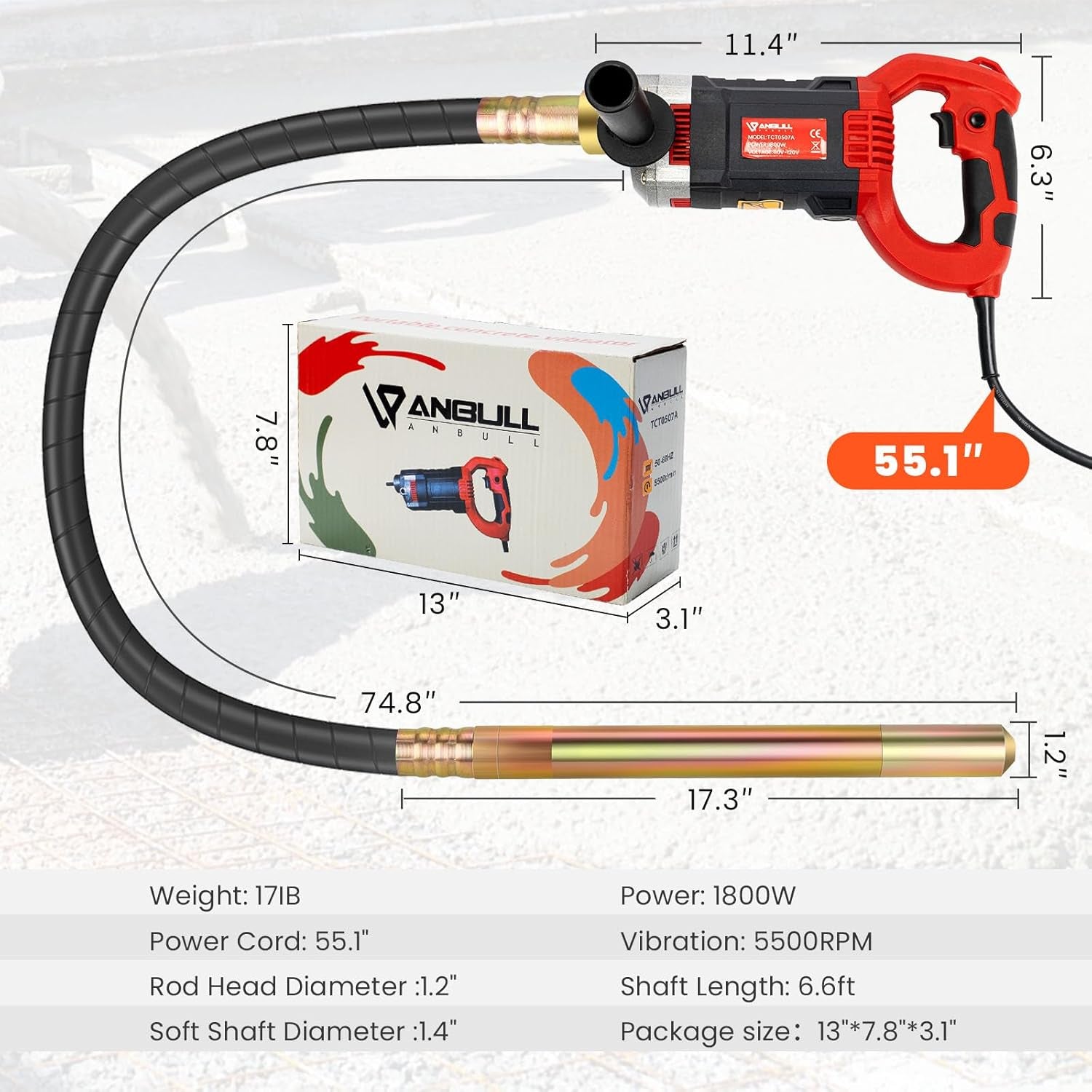 Anbull 1800W Concrete Vibrator 110V, 2M Handheld Electric Vibrabrater 5500RPM, 35Mm Bottle Shaker, Portable Pencil Cement Vibrarator for Remove Air Bubble and Mix Concrete