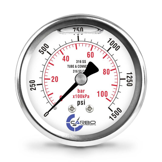 2-1/2" Pressure Gauge, ALL STAINLESS STEEL, Liquid Filled, Back Mnt, 1500 Psi