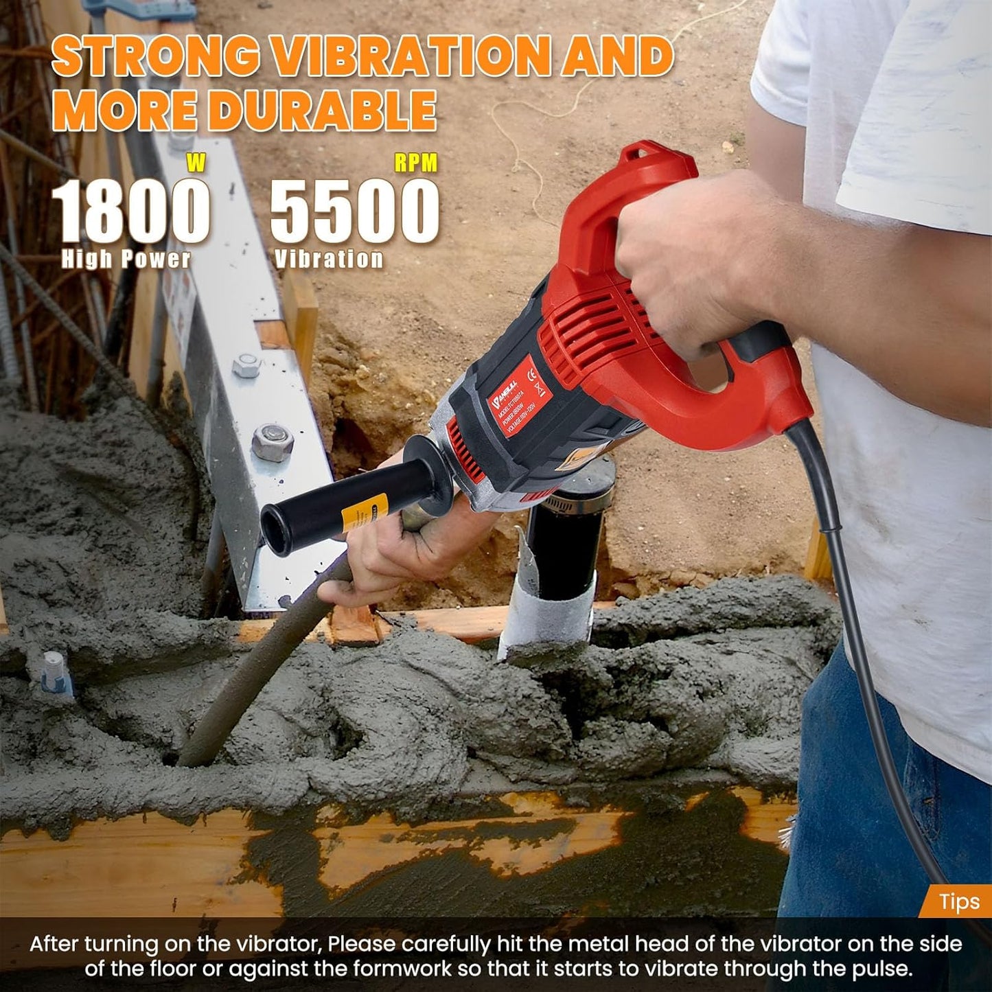 Anbull 1800W Concrete Vibrator 110V, 2M Handheld Electric Vibrabrater 5500RPM, 35Mm Bottle Shaker, Portable Pencil Cement Vibrarator for Remove Air Bubble and Mix Concrete