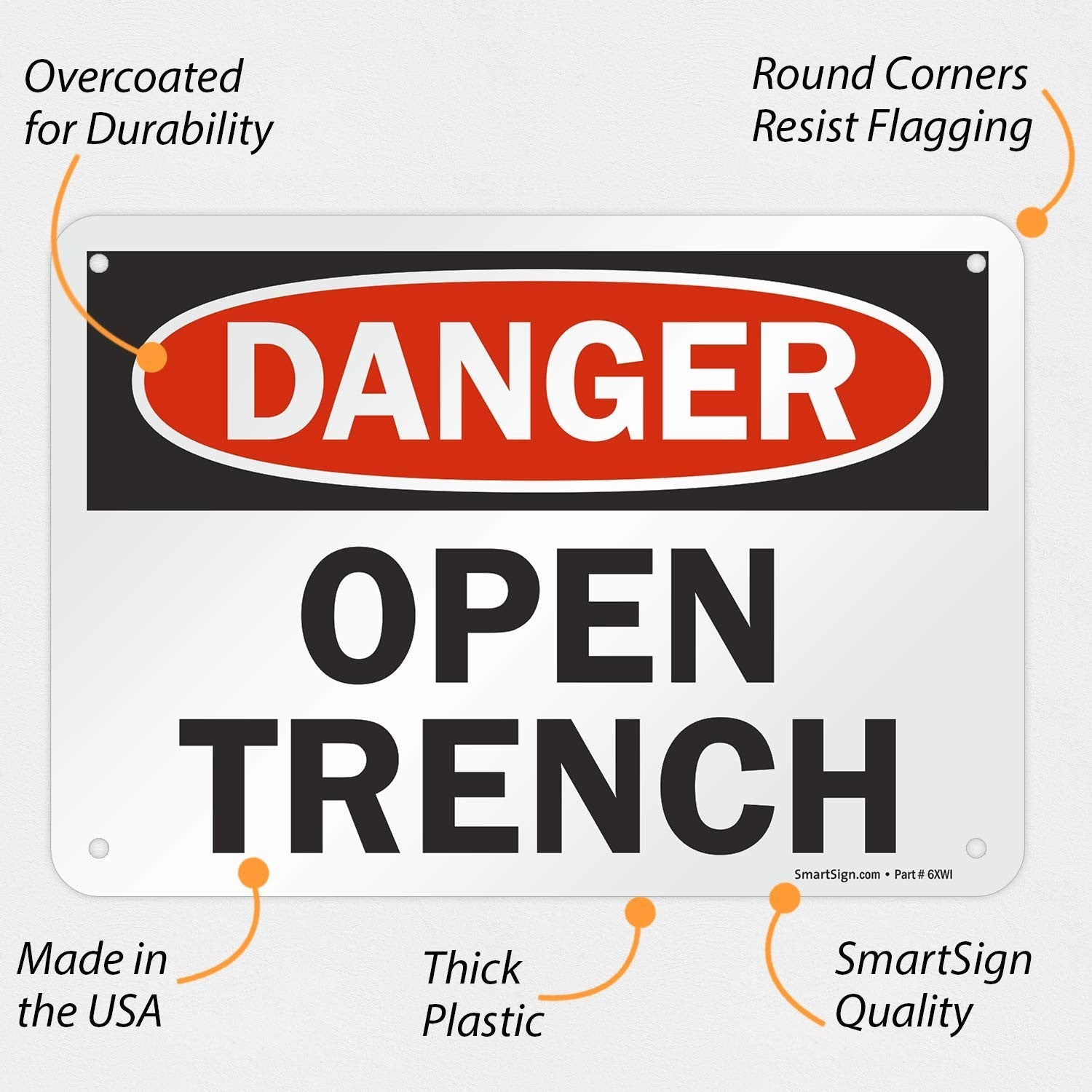 7"X10" "Danger - Open Trench" Sign Plastic Safety Warning for Construction
