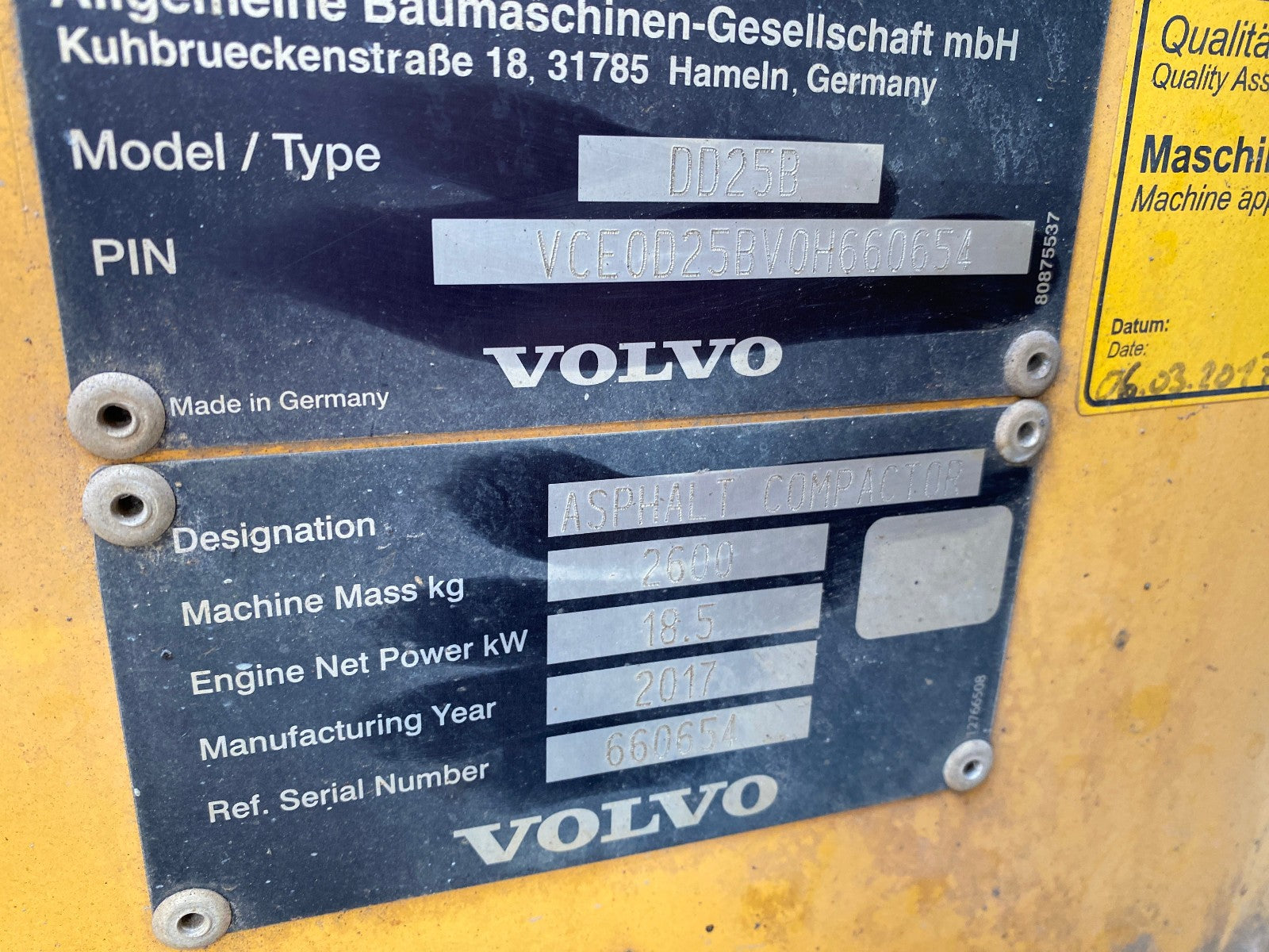 2017 Volvo DD25B Double Drum Roller, Diesel Engine