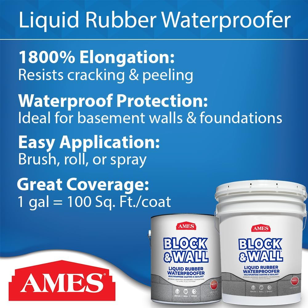 Ames Block & Wall™ Liquid Rubber Waterproofer Multi-Purpose Coating & Sealant - 1 Gallon - Perfect to Use as Concrete Sealer and Waterproofer for Basements and Foundations - Made in the USA, White