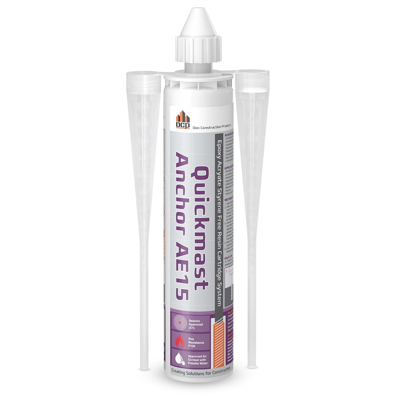 DCP Quickmast AE15 Concrete Epoxy for Rebar and Rods – High-Strength Anchoring System, Two-Part Acrylate Epoxy with Cartridge and Nozzles, 10.1 Fl Oz – 1 Pack