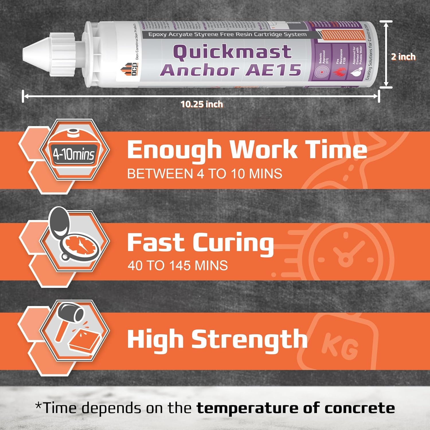 DCP Quickmast AE15 Concrete Epoxy for Rebar and Rods – High-Strength Anchoring System, Two-Part Acrylate Epoxy with Cartridge and Nozzles, 10.1 Fl Oz – 1 Pack