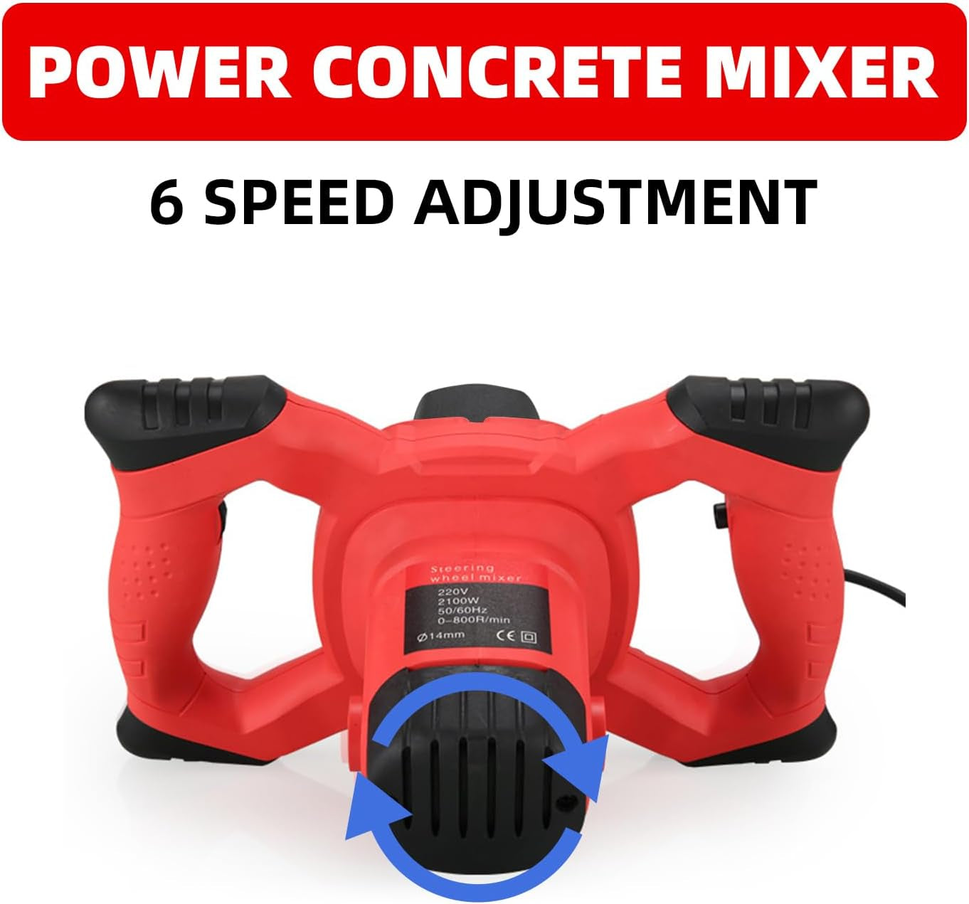 Cement Mixer 2300W, Handheld Electric Concrete Mixer with 6 Adjustable Speed, 110V Portable Mud Mixer Paint Mixer for Motar Grout Plaster Thinset Fodder Stirring Tool