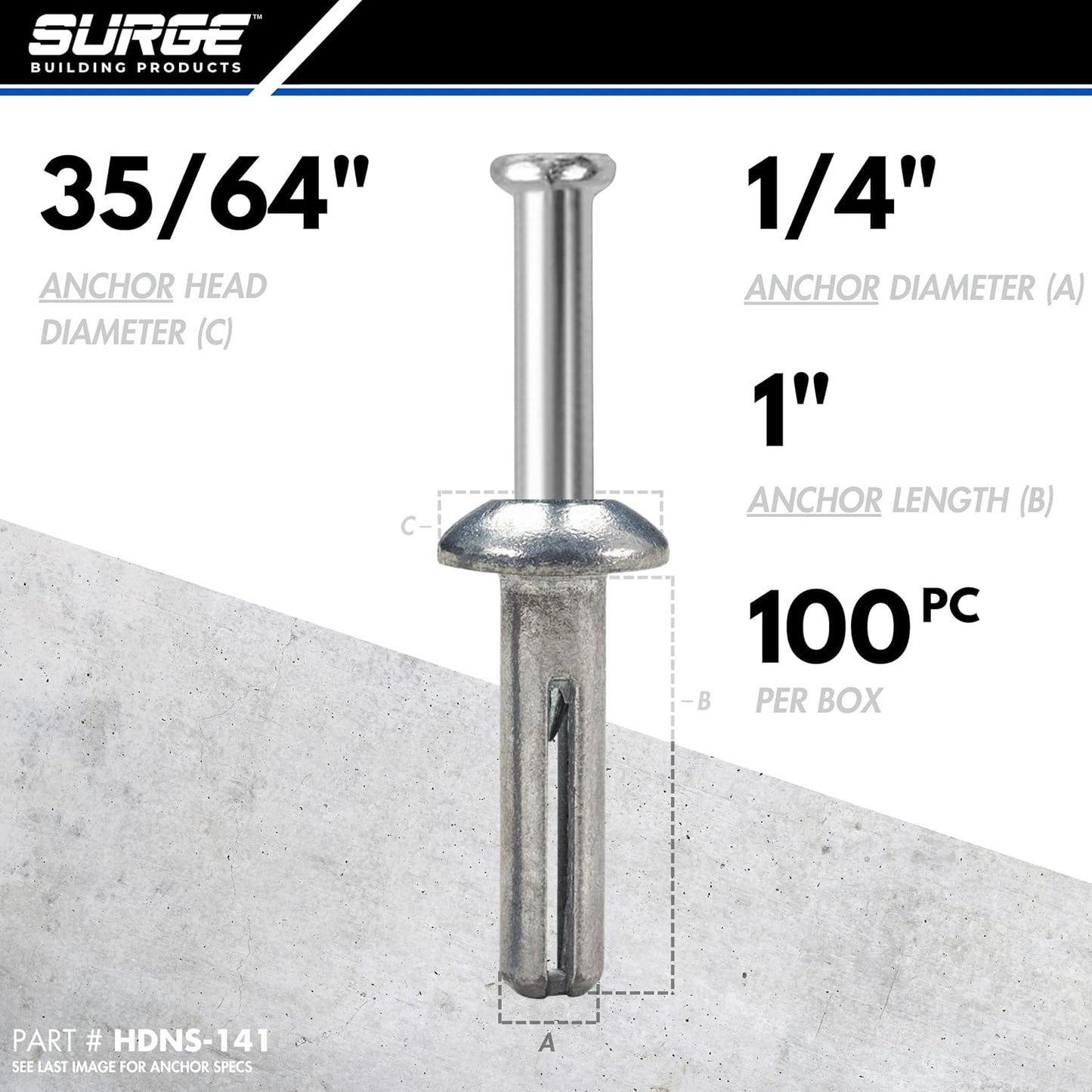 Surge BP - 1/4" X 1" Stainless MH Hammer Drive Nail in Concrete Anchor with 304 Stainless Steel Nail | Fasteners for Concrete, Block, and Brick (100/BOX)