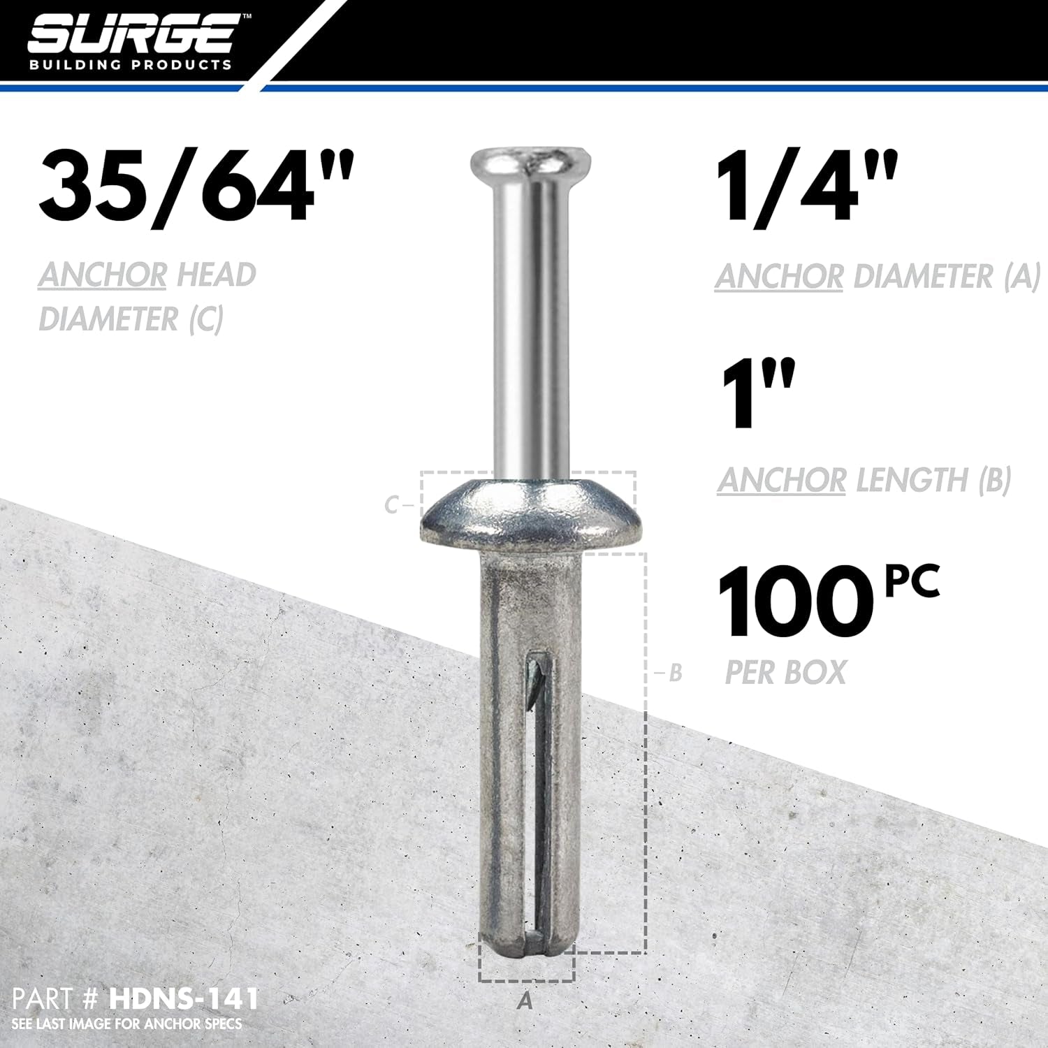 Surge BP - 1/4" X 1" Stainless MH Hammer Drive Nail in Concrete Anchor with 304 Stainless Steel Nail | Fasteners for Concrete, Block, and Brick (100/BOX)