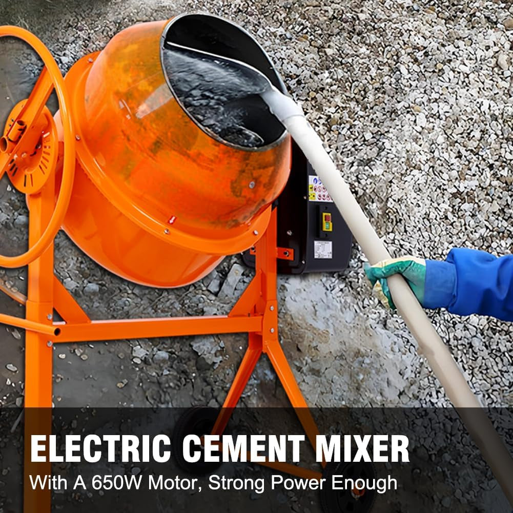 5 Cu. Ft Cement Mixer, Electric Concrete Mixer, 650W 1/3 HP Heavy Duty Concrete Mud Mixer Tools, Portable Concrete Cement Mixer with Wheels and Stand for Mortar, Stucco and Fodder