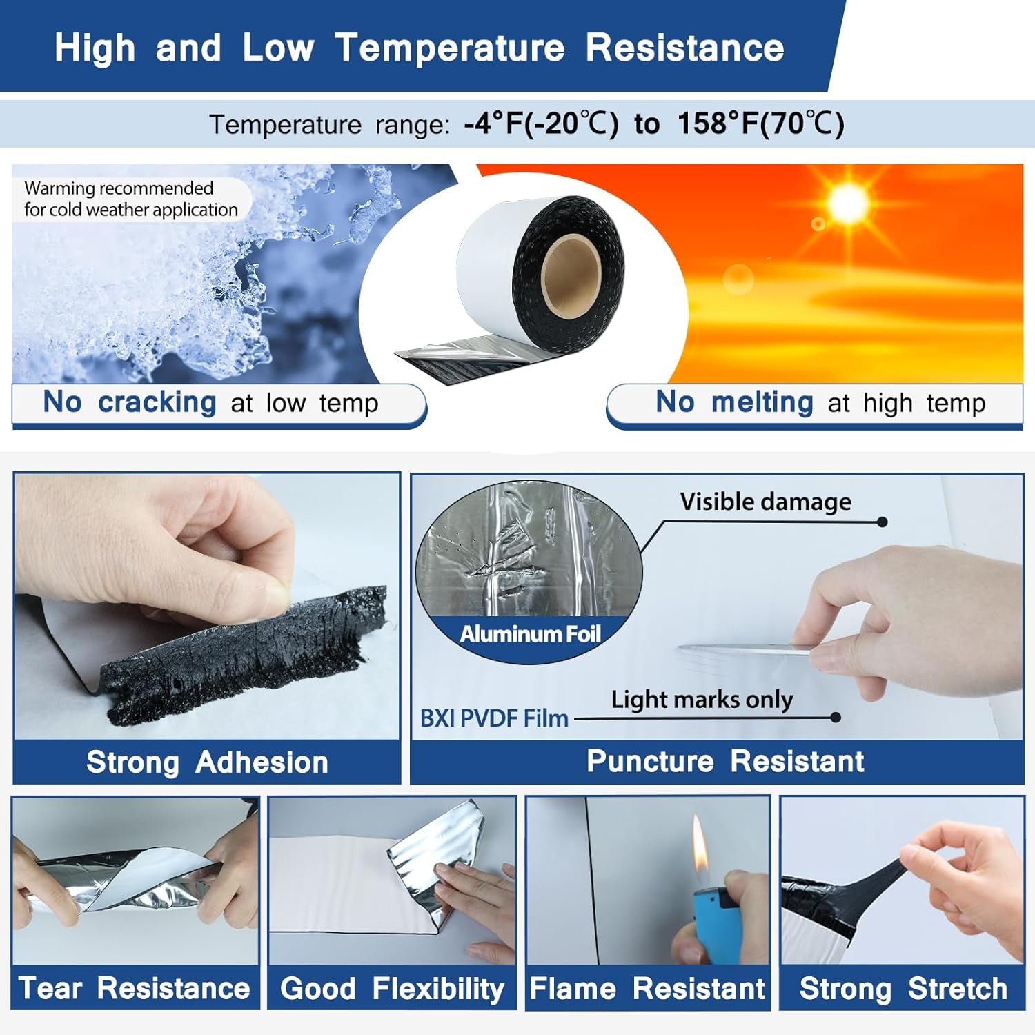 BXI Fluorocarbon Film Asphalt Waterproof Tape, 12 Inches X 32 Feet, Weatherproof Sealing Membrane, Self-Adhesive SBS Modified Bitumen Flashing Sealant Patch, Seam Leak for Roof Window Driveway Repair