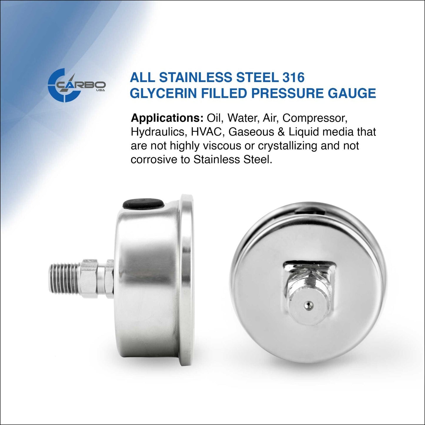 2-1/2" Pressure Gauge, ALL STAINLESS STEEL, Liquid Filled, Back Mnt, 1500 Psi