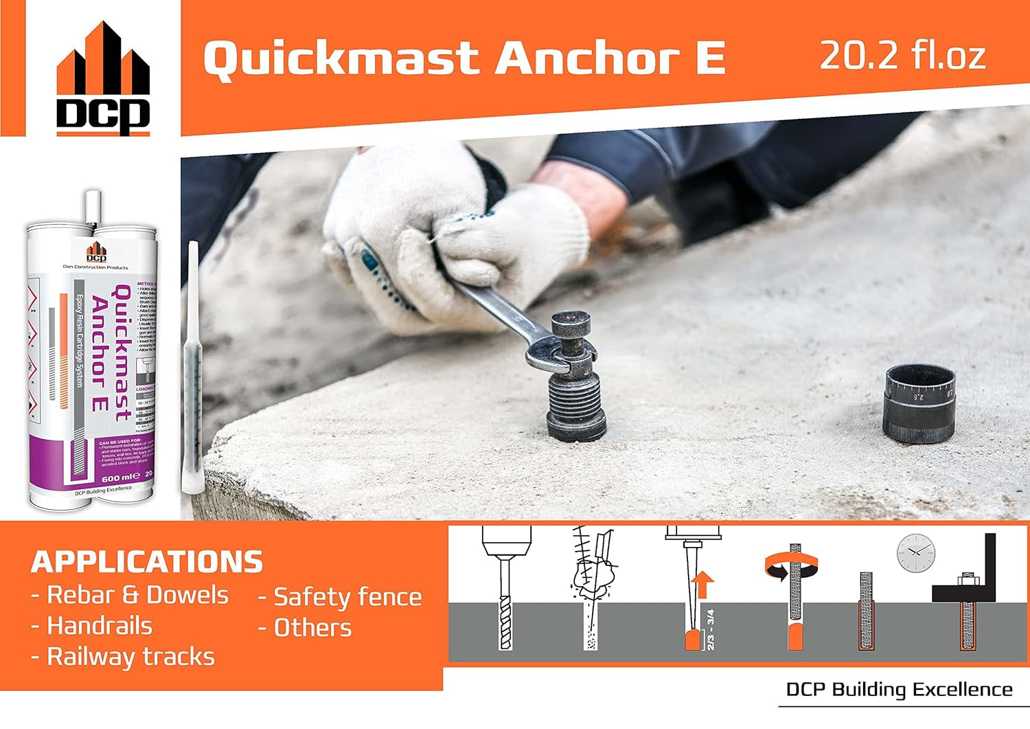 Quickmast E 20.2 Fl Oz. Concrete Anchor Epoxy, 2-Pack with Epoxy Gun - Two-Part Anchoring System for Rebar & Threaded Rods - Quick-Set, Strong & Durable Bond