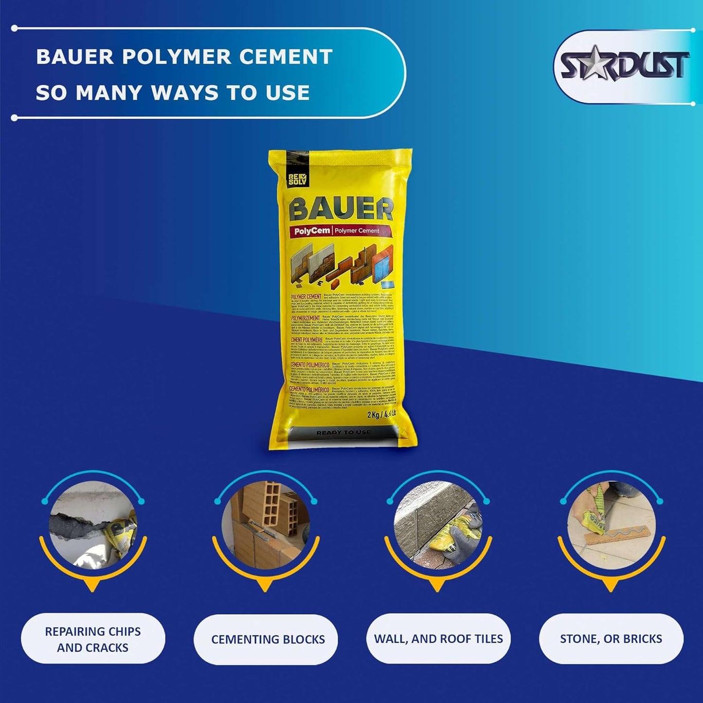 Bauer Instant Polymer Cement, Ready-To-Use Alternative to Mortar & Adhesives - Versatile for Concrete Crack Repair, Stone Tile Crack Repair & Brick Repair, Convenient, Durable & Easy to Store - 2Kg