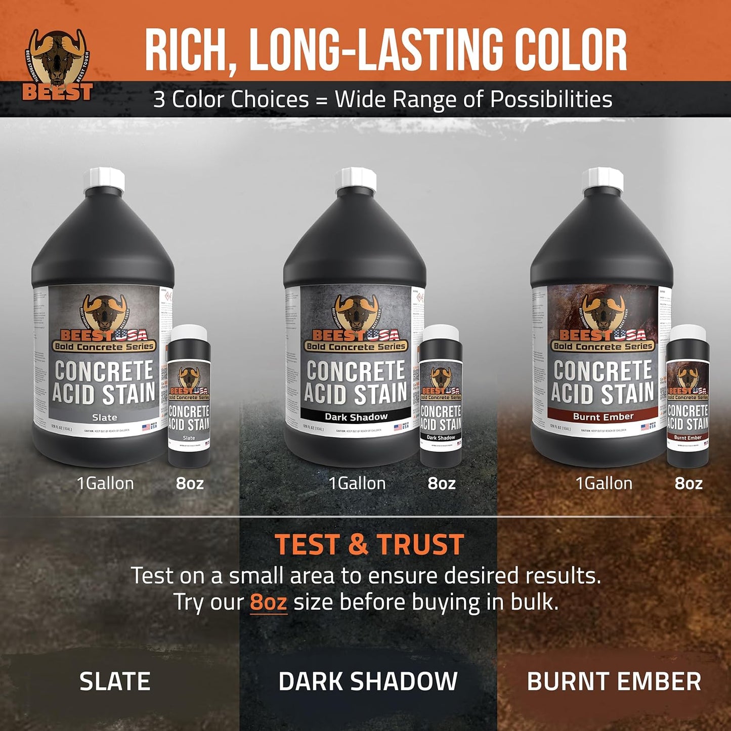 BEEST Concrete Stain - Burnt Ember - 1 Gallon, Test 8 Oz Concrete Dye on a Small Area for Desired Results - Acid Stain for Floors, Pavers, Patios, Countertop, Cement, Driveway - Unique Marbled Finish