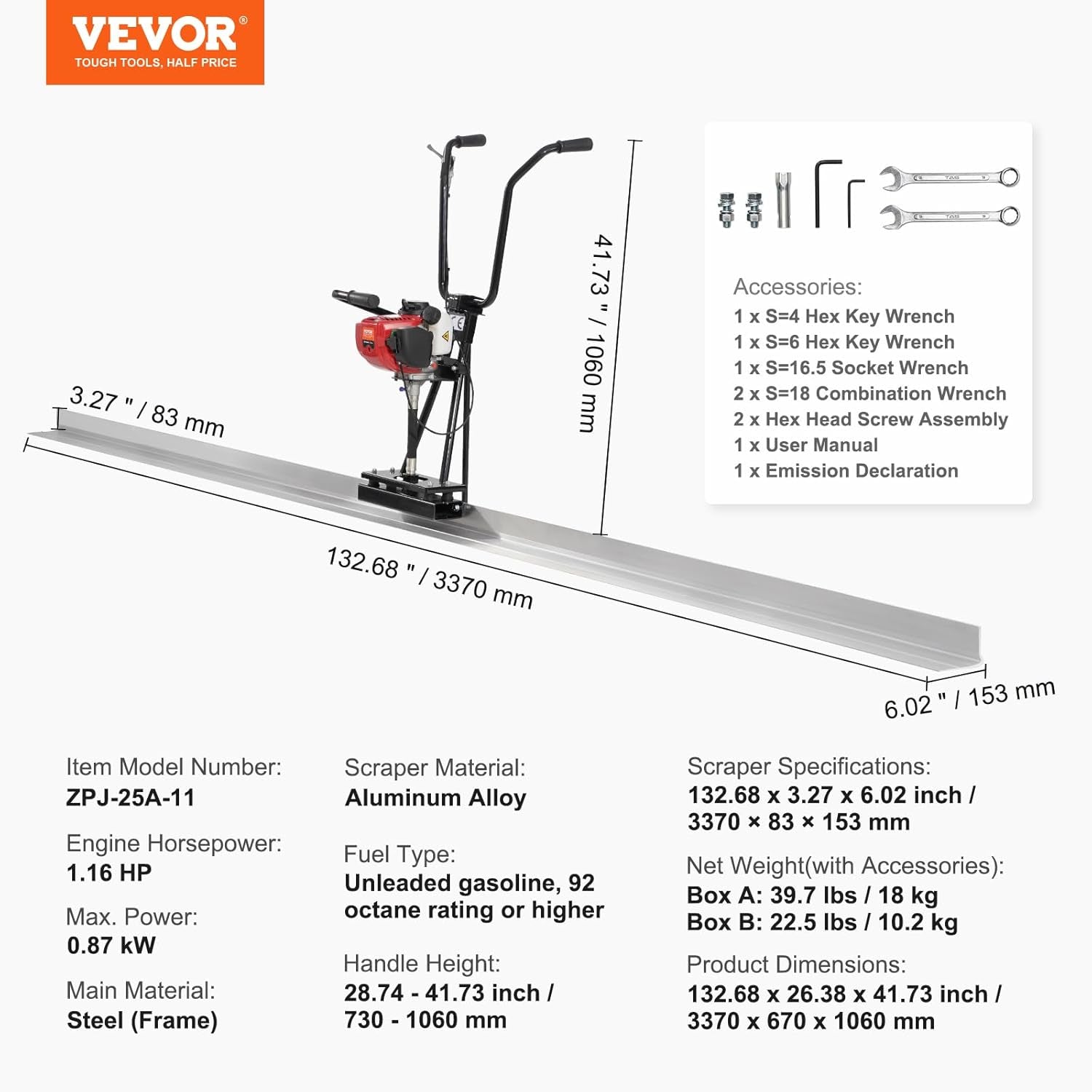 VEVOR Concrete Power Screed, 11Ft Aluminum Board Straight Edge Bar Set, 4 Stroke Cement Finishing Vibrating Motor with Height Adjustable Handles, High Efficient Concrete Tools 6500RPM