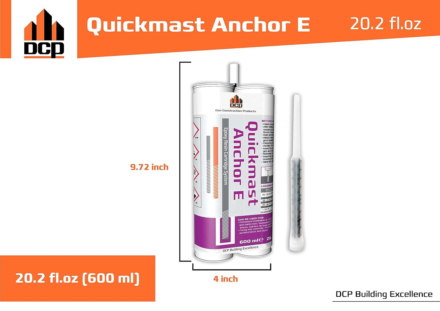 Quickmast E 20.2 Fl Oz. Concrete Anchor Epoxy, 2-Pack with Epoxy Gun - Two-Part Anchoring System for Rebar & Threaded Rods - Quick-Set, Strong & Durable Bond