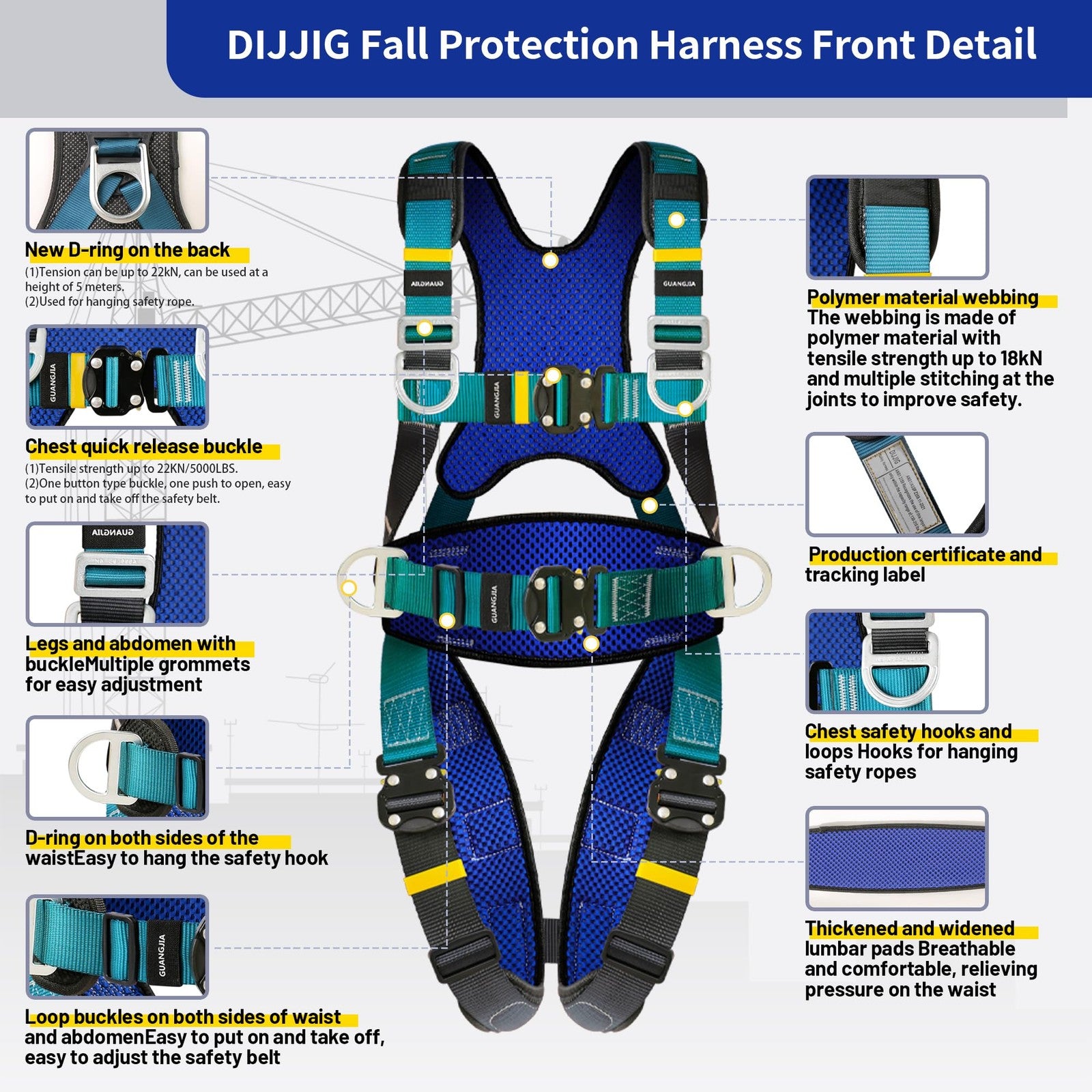Full Body Protection Safety Harness 5Pt Adjustment Safe Comfortable Construct...