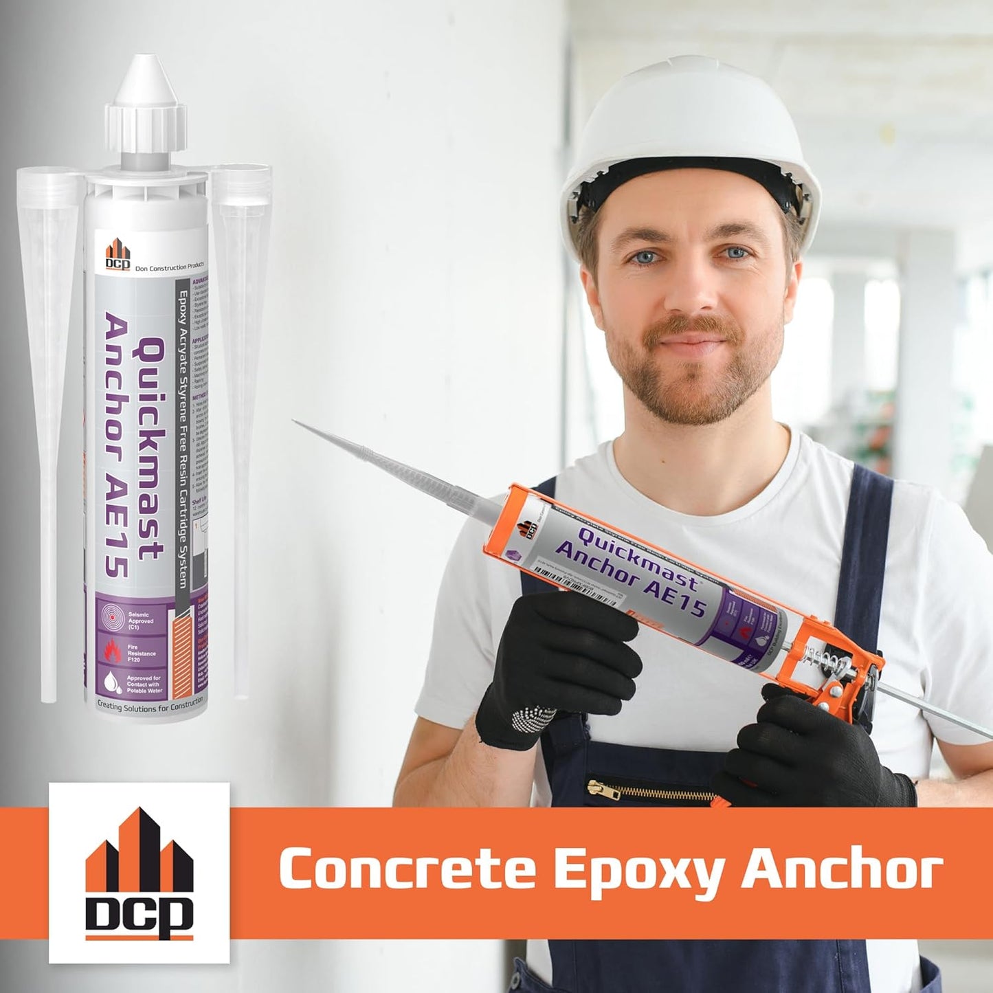 DCP Quickmast AE15 Concrete Epoxy for Rebar and Rods – High-Strength Anchoring System, Two-Part Acrylate Epoxy with Cartridge and Nozzles, 10.1 Fl Oz – 1 Pack