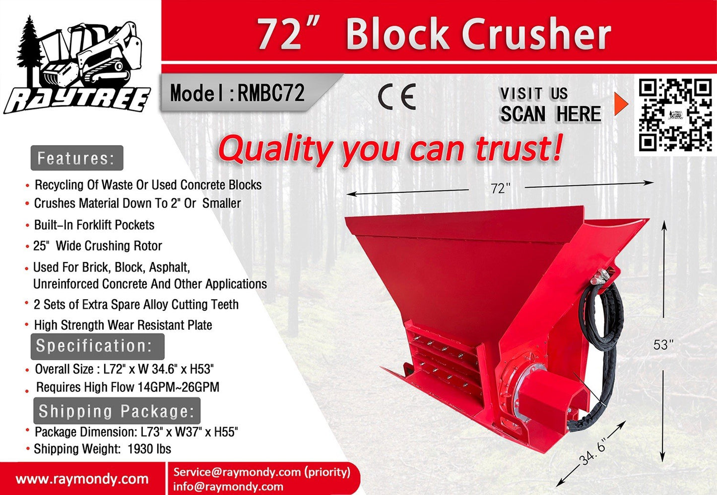 Raytree Asphalt Block Crusher Skid Steer Loader 72" Bucket Hydraulic Attachment